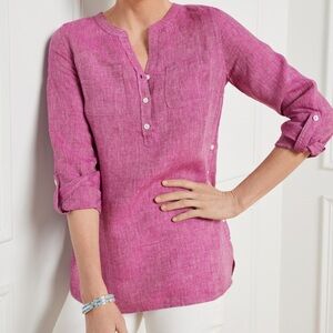 Talbots Linen Top Tunic Shirt Popover Breezy Cool Spring V-Neck Shirt Easy FitXL